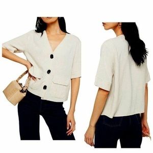 Topshop Charlie Linen Button Down Linen Blend Short Sleeve Top